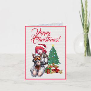 Carte Personnalisé Yorkie Chien Avec Petite Fille Noël