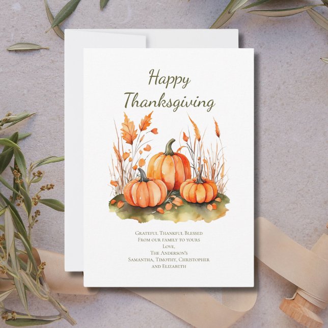 Carte personnalisée de Thanksgiving d'automne  (Thanksgiving card with pumpkins and fall botanicals. Printed or Digital Download)