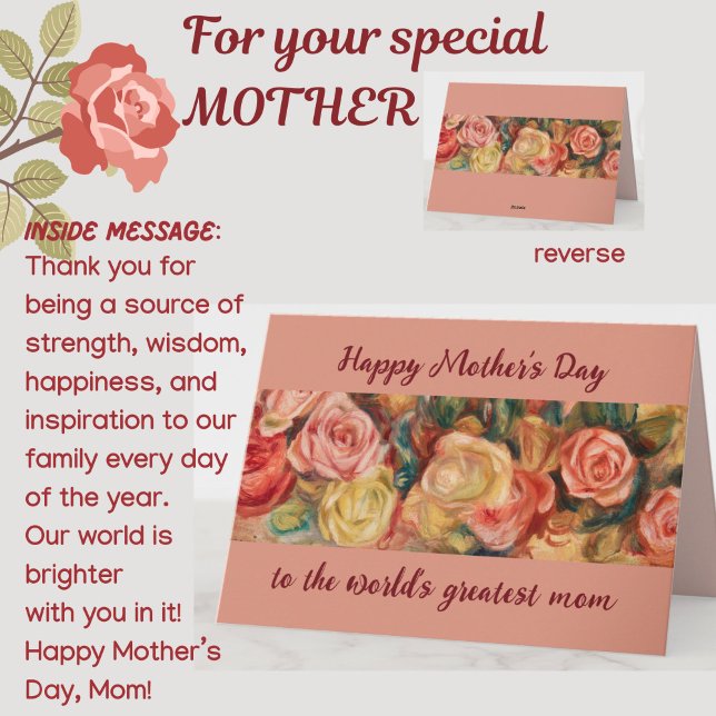 Carte personnalisée Fête des mères Meilleure maman (A beautiful floral roses Mother's Day card for your special Mom! All text customizable.)