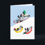 Carte personnalisée pour couchage de pingouins<br><div class="desc">Plutôt amusant ! Image enneigée de manchots en traîneau. C'est adorable ! Le design original de l'artiste,  dag dart est tellement fantaisiste et joyeux. La carte peut être customisée. Vous pouvez changer l'accueil intérieur à ce que vous voulez.</div>