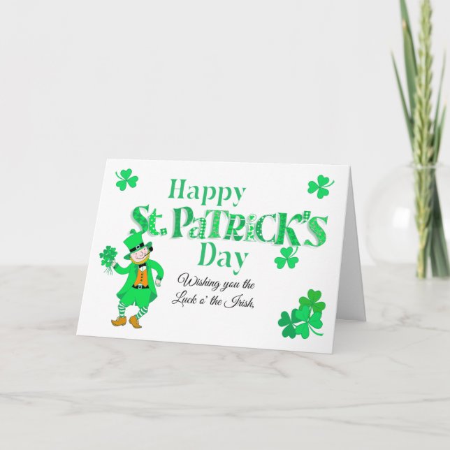 Carte personnalisée Saint-Patrick lutin trèfles (Devant)