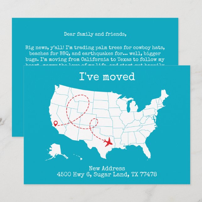 Carte personnalisée USA Turquoise "I've Moved" Fai (Devant / Derrière)