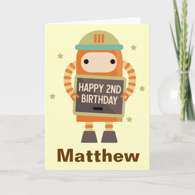 Carte personnalisée vintage Robot 2e anniversaire (Devant)