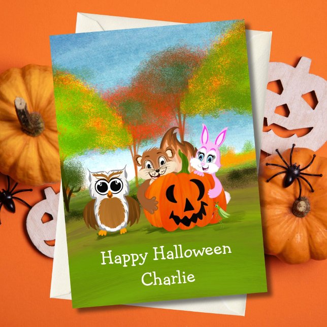 Carte PersonnaliséHappy Halloween Chipmunk, Rabbit & Owl (Créateur téléchargé)