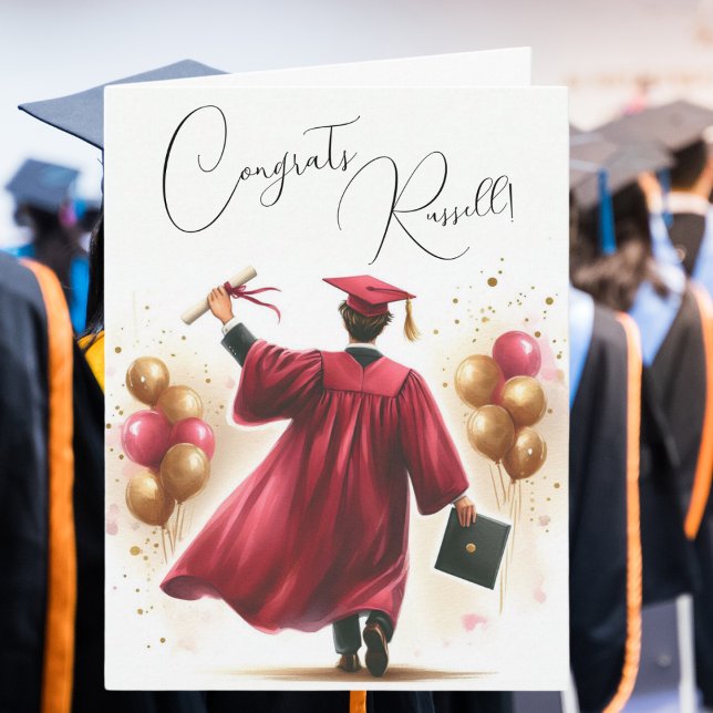 Carte Personnaliser Happy Graduation Man Crimson Casquet (Celebrate with this fun crimson graduation cap and gown!)