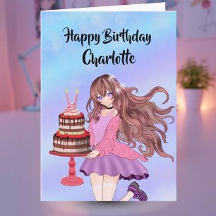 Carte Personnaliser une adolescente anime avec un gâteau