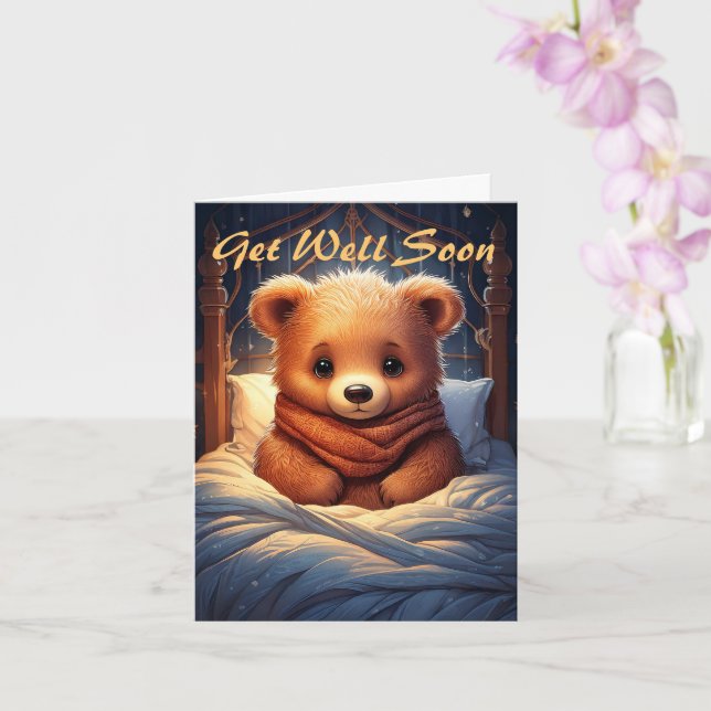 Carte Personnalisez Baby Bear Sick in Bed Get Well Bient (Orchidée)