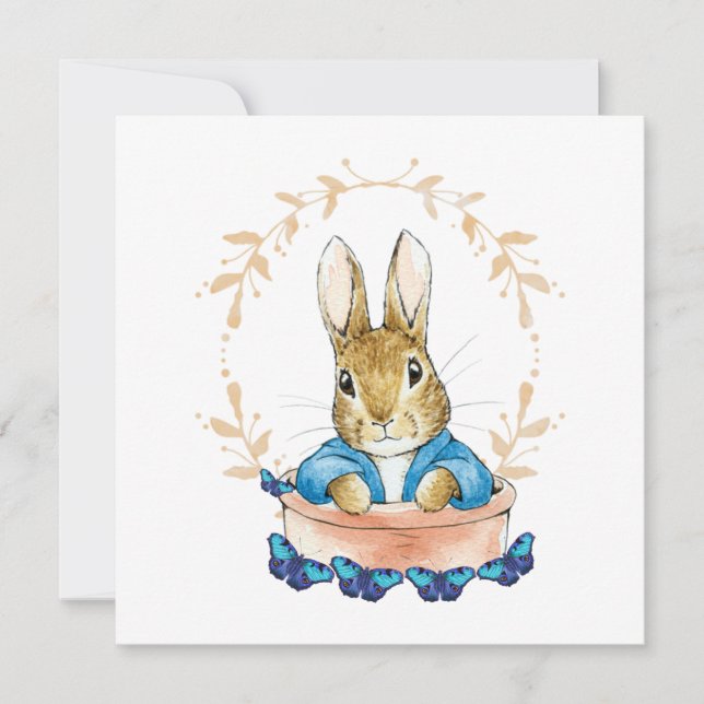 Carte Peter le lapin en pot avec des papillons bleus (Devant)