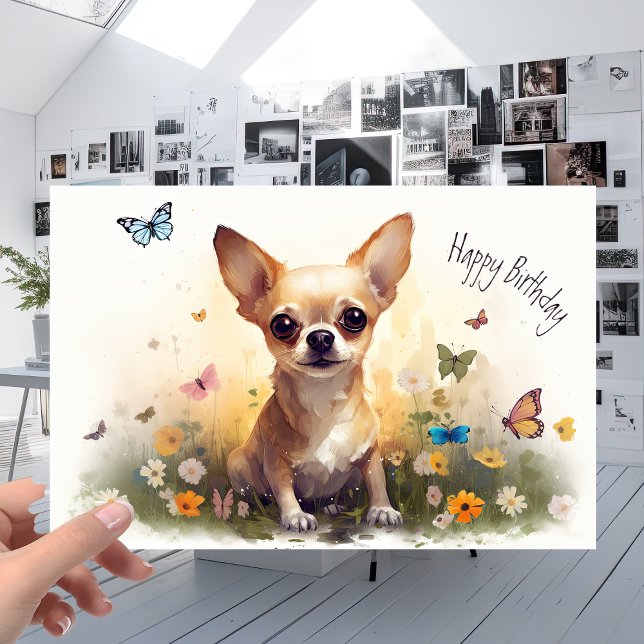 Carte Petit animal Chihuahua Chien chiot et fleurs Anniv (Créateur téléchargé)