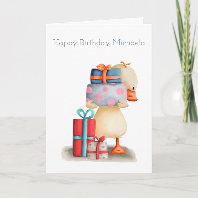 Carte Petit canard avec cadeaux Anniversaire personnalis (Devant)