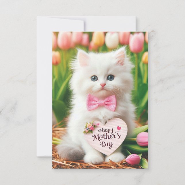 Carte Petit Chat Fluffy Blanc dans un Champ de Tulipes p (Devant)