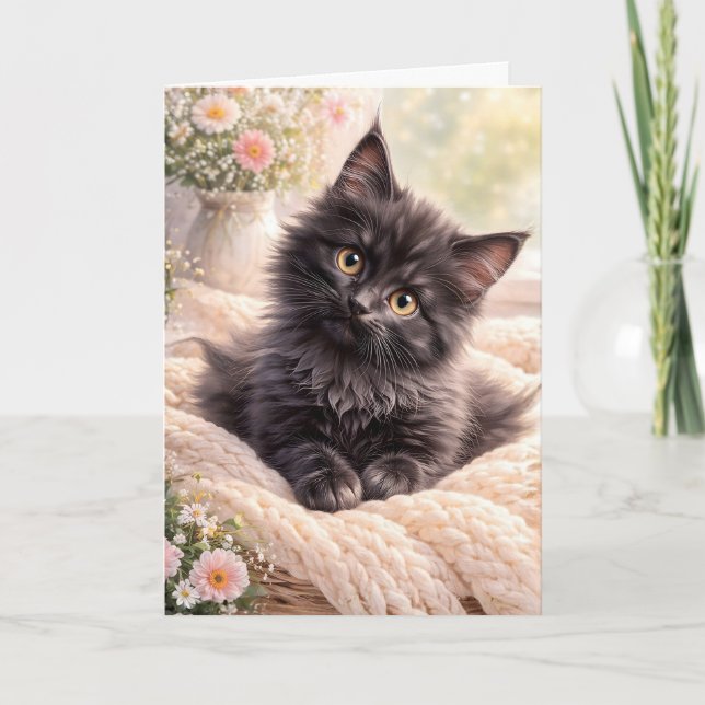 Carte Petit Chat Noir Douillet sur Couverture Tricotée a (Devant)