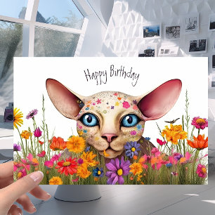 Carte Petit chat Sphynx dans la prairie à fleurs - Anniv