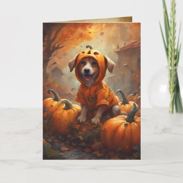Carte Petit Chiot Citrouille, Joyeux Chien Halloween (Devant)