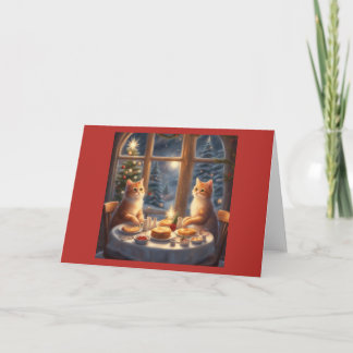 Carte Petit déjeuner du matin de Noël deux chats mangent