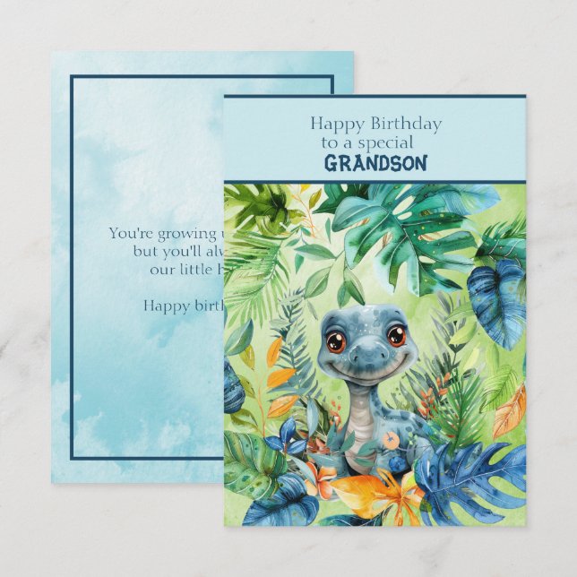 Carte Petit dinosaure Joyeux anniversaire Petit-fils spé (Devant / Derrière)