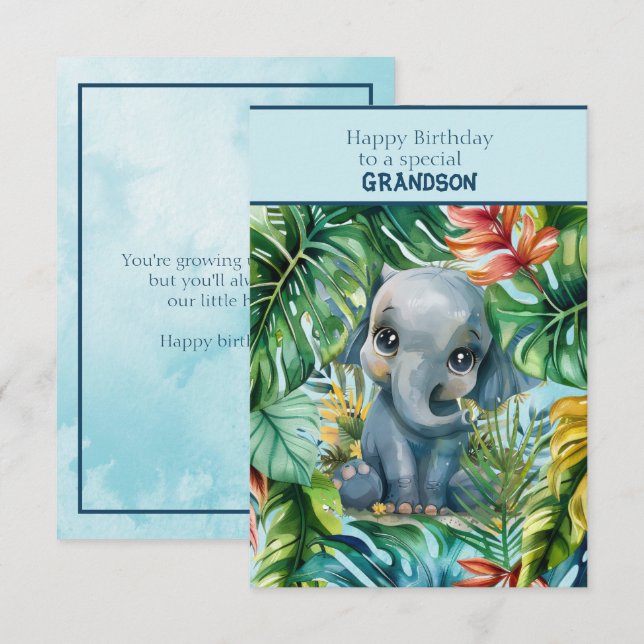 Carte Petit éléphant Joyeux Anniversaire Petit-fils spéc (Devant / Derrière)