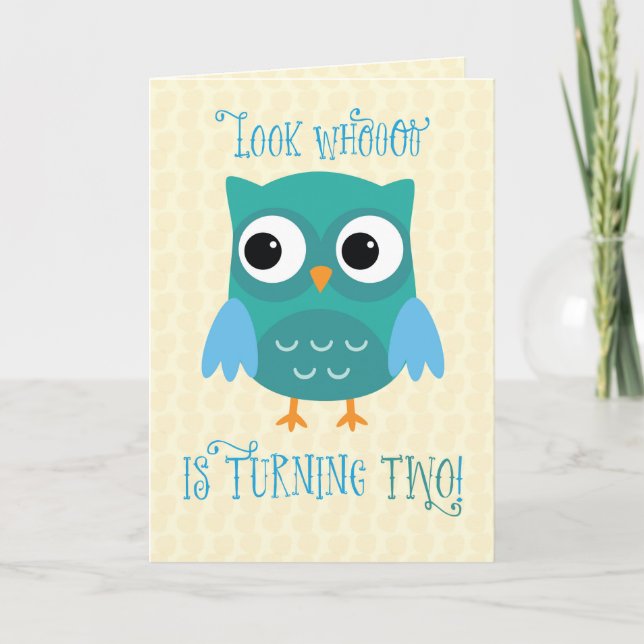 Carte Petit-fils 2e anniversaire, hibou, bleu, vert (Devant)