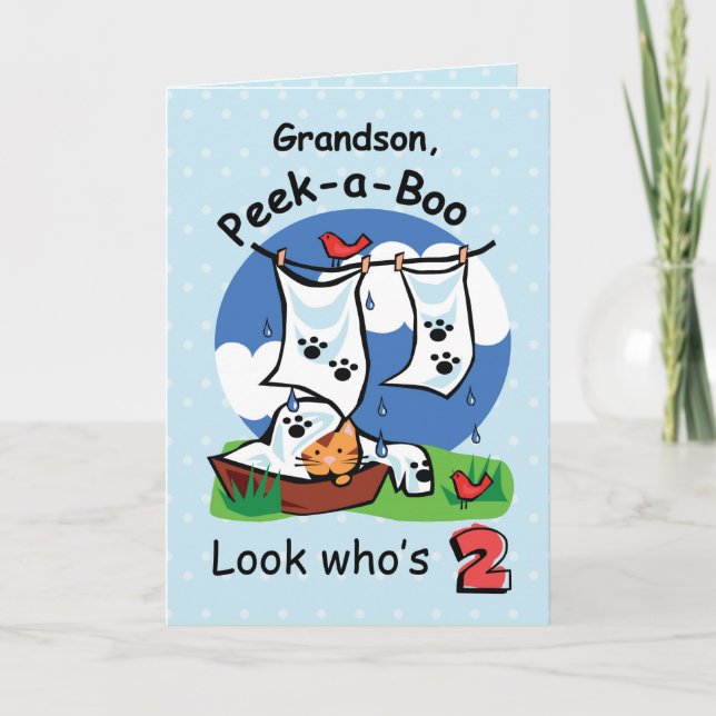 Carte Petit-fils, 2e anniversaire, Peek-a-Boo Kitten (Devant)