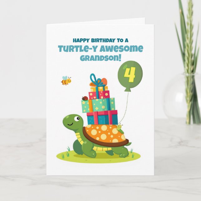 Carte Petit-fils 4e anniversaire mignonne tortue avec pr (Devant)