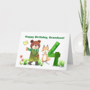 Carte Petit-fils 4e anniversaire Ours d'aquarelle et ren
