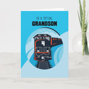 Carte Petit-fils 4e anniversaire Train Petit garçon Bleu