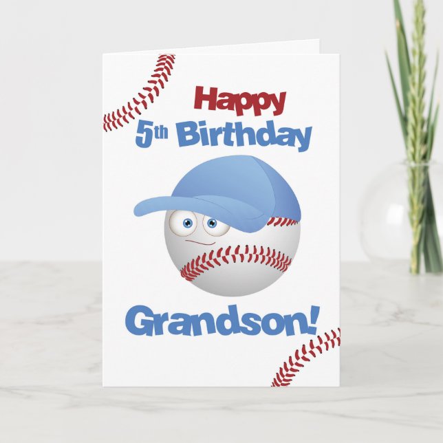 Carte Petit-fils 5e anniversaire drôle visage de basebal (Devant)