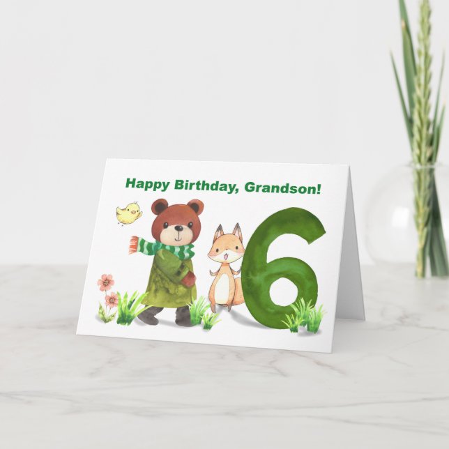 Carte Petit-fils 6e anniversaire Ours d'aquarelle et ren (Devant)