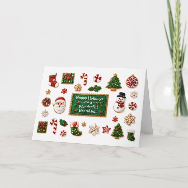 Carte Petit-fils Joyeuses Fêtes avec de Mignons Biscuits (Devant)