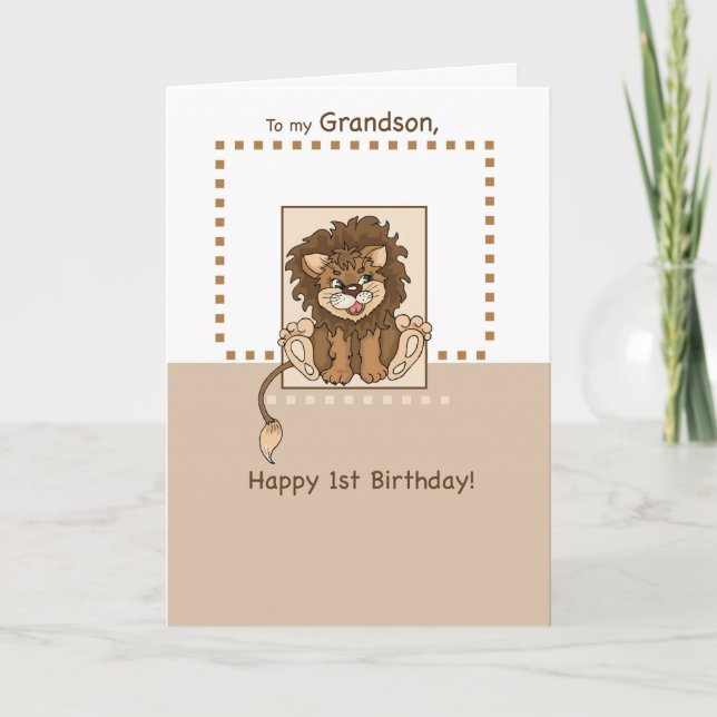 Carte Petit-fils, Joyeux 1er anniversaire Lion bébé (Devant)