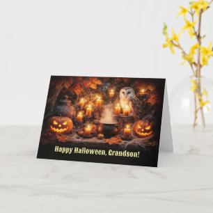 Carte Petit-fils Joyeux Halloween avec Hibou et Bougies