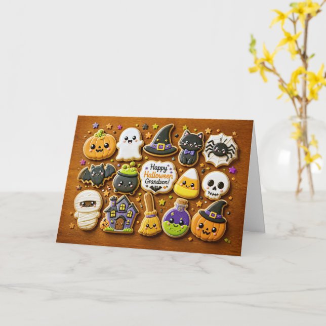 Carte Petit-fils Joyeux Halloween Mignon Cookie  (Fleur jaune)