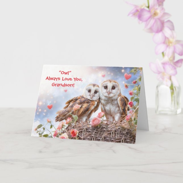 Carte Petit-fils Mignon et Amusant Chouette Saint-Valent (Orchidée)