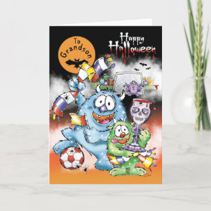 Carte Petit-fils, Monstres d'Halloween, avec ballon de f