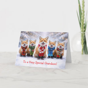 Carte Petit-fils Noël avec des renards mignons dans la n