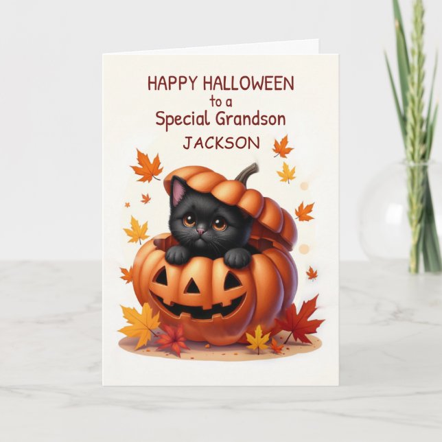 Carte Petit-fils Nom personnalisé Halloween Mignon Chat  (Devant)