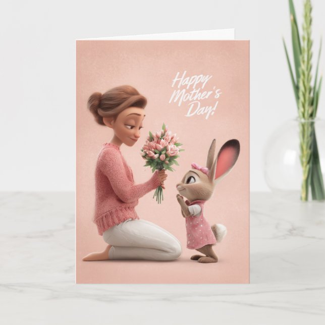 Carte Petit lapin rose apportant des fleurs pour la fête (Devant)