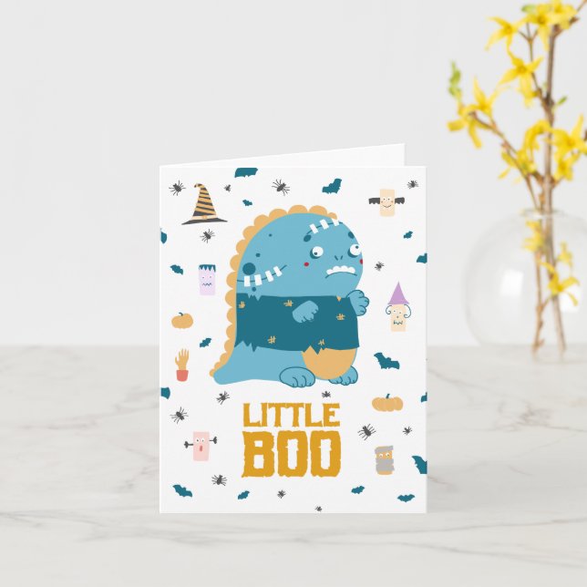 Carte Petit monstre bleu Halloween Boo (Fleur jaune)