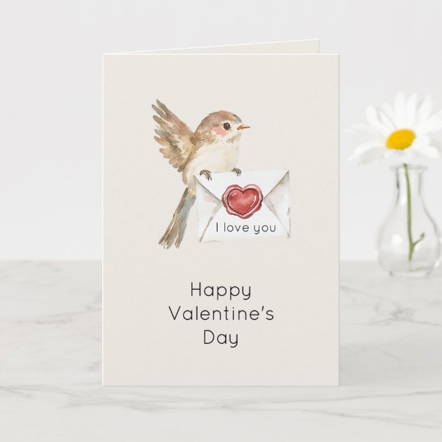 Carte Petit oiseau je t'aime cœur rouge Saint-Valentin (Petite plante)