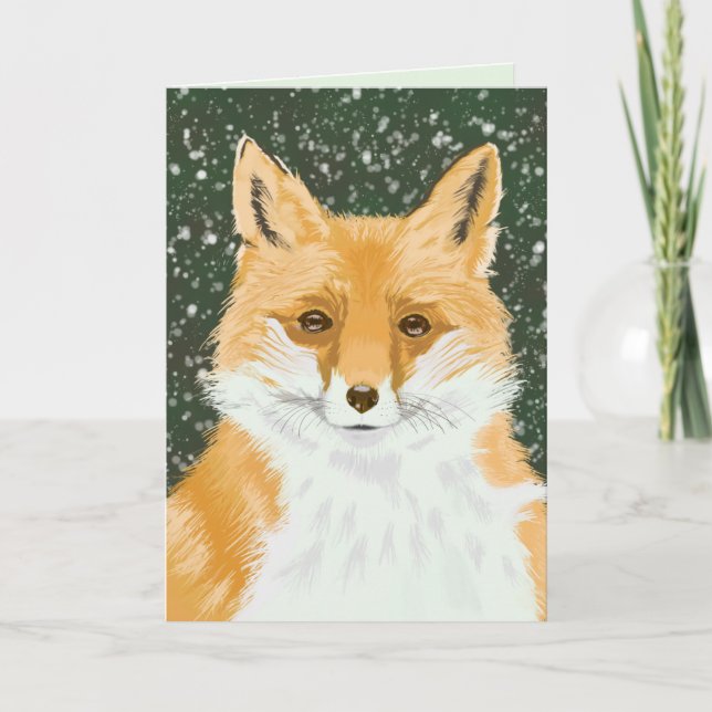Carte Petit Renard Rouge Mignon - dans la neige. (Devant)