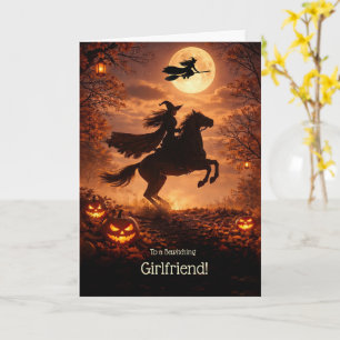 Carte Petite amie Halloween avec sorcières cheval lune