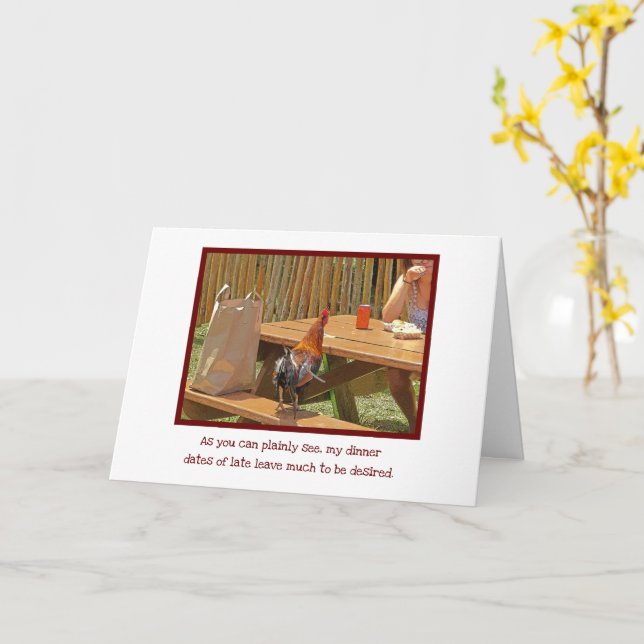 CARTE PETITE AMIE HUMOUR / FEMME DÎNER AVEC UN POULET (Fleur jaune)