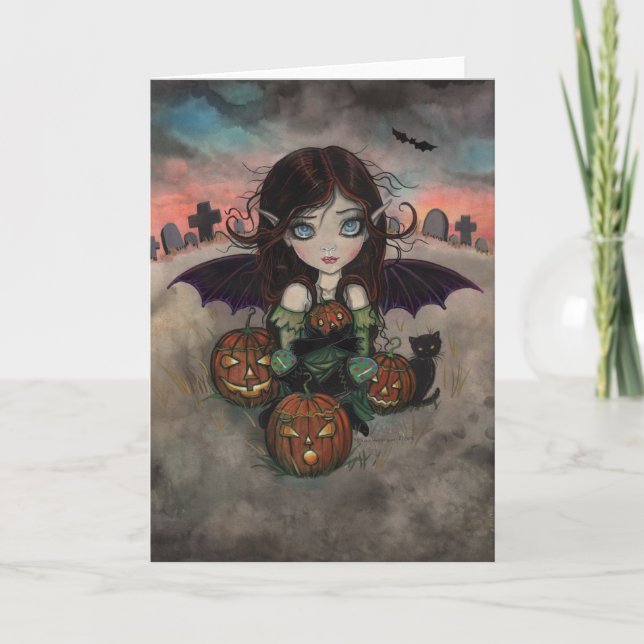 Carte Petite fée vampire d'Halloween et citrouilles (Devant)