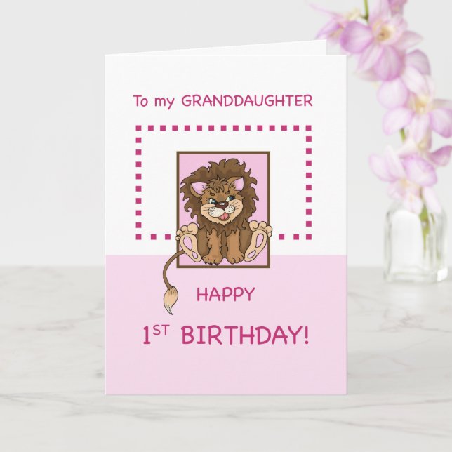 Carte Petite-fille 1er anniversaire mignonne Lion (Orchidée)