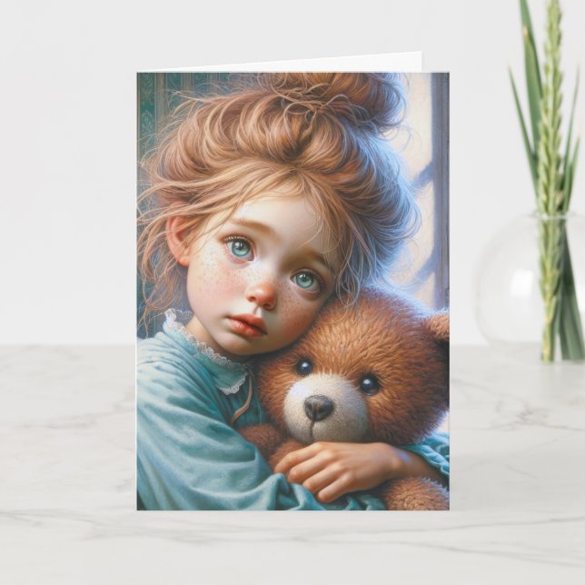 Carte Petite Fille Accrochant Un Ours En Teddy (Devant)