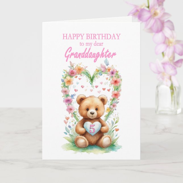 Carte Petite-fille Âge 5 Teddy Bear (Orchidée)