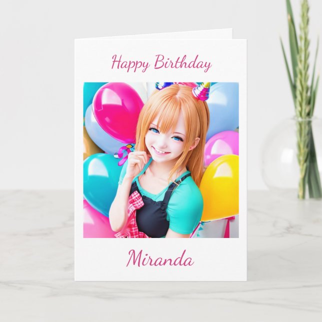 Carte Petite fille Anime avec ballons Anniversaire (Devant)