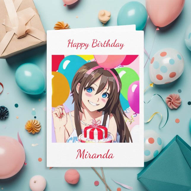 Carte Petite fille Anime avec ballons Anniversaire (Créateur téléchargé)