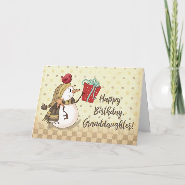 Carte Petite-fille Anniversaire Oiseau sur Snowman Prése (Devant)