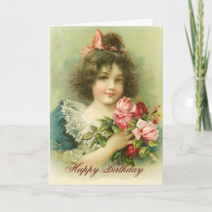 Carte Petite fille aux roses roses roses, Anniversaire